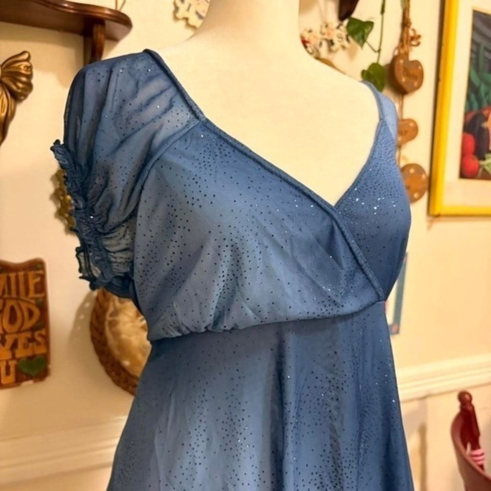 Vintage Y2K Blue Fairy Glitter Babydoll Asymmetrical Ruffle Hem Size 12/14 - Picture 2 of 8